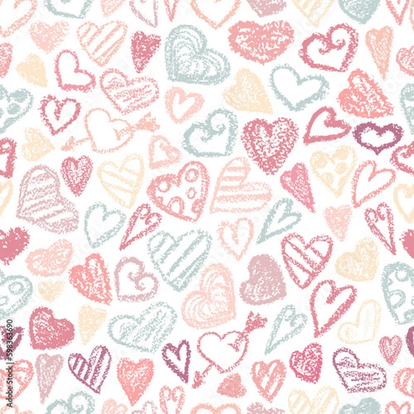 Fototapeta Chalk heart. Crayon hearts pattern. Valentines day hearts on black background. Children drawing love symbol, doodle art heart. Chalk texture, seamless valentine's day print. 