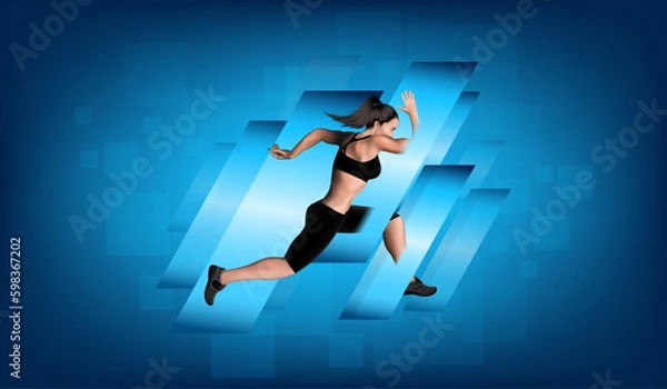 Obraz Visual drawing of 3d realistic banner ads women runner and jump into marathon sport game, concept lifestyle and health care with weight loss by exercise on black background for vector illustration