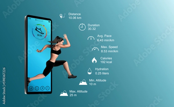 Fototapeta Female athletes run, jump out of their mobile phones. Concept The best health or fitness advertising banner application sports running on smartphone daily workouts for 3d realistic vector illustration