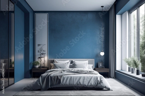 Obraz  Modern bedroom, clean minimalistic interior design, light blue and white colors. Super photo realistic background, generative ai illustration.