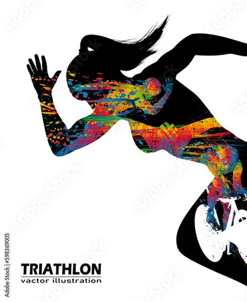 Fototapeta Visual double exposure logo swimming, cycling, and runner sport at fast speed in triathlon game. Line colorful beautiful design style on black background for vector illustration, exercise concept