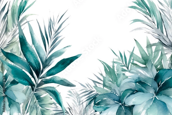 Fototapeta watercolor tropical leaves on white background, AI Generative AI
