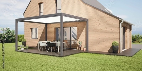 Fototapeta Pergola bioclimatique autoportée, à lames orientables, sur terrasse en carrelage, maison en bois avec vue sur jardin verdoyant, rendu 3d