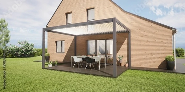 Fototapeta Pergola bioclimatique autoportée, à lames orientables, sur terrasse en carrelage, maison en bois avec vue sur jardin verdoyant, rendu 3d