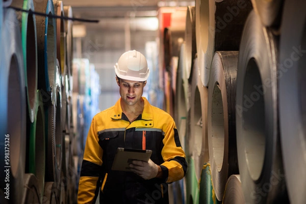 Obraz brazilian or latin worker wearing safety uniform workwear, working use tablet online information to check the stock of rolled steel sheets stored in warehouse factory to be produced as metal sheets.