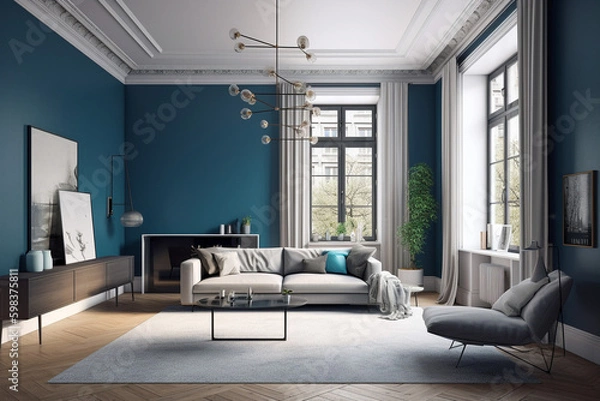 Obraz Modern living room, clean minimalistic interior design,  light blue and white colors. Super photo realistic background, generative ai illustration.