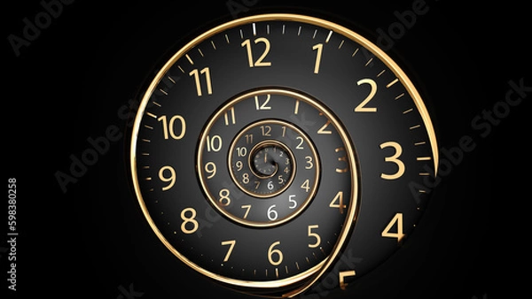 Obraz Infinity time. Golden old fashion clock with numerals Abstract time spiral effect. Digital generated An image of a nice spiral watch on a dark background. The concept of time.