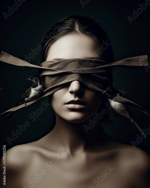 Fototapeta a portrait of a blindfolded Blind fashion woman with birds, created with Generative AI technology
