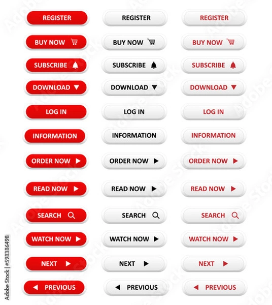 Obraz A set of red and white 3d vector buttons for a website.