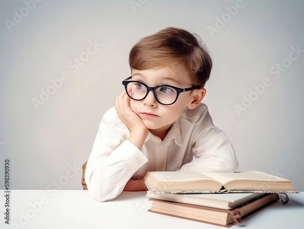 Fototapeta little boy with books wearing glasses on a white background. Generative AI