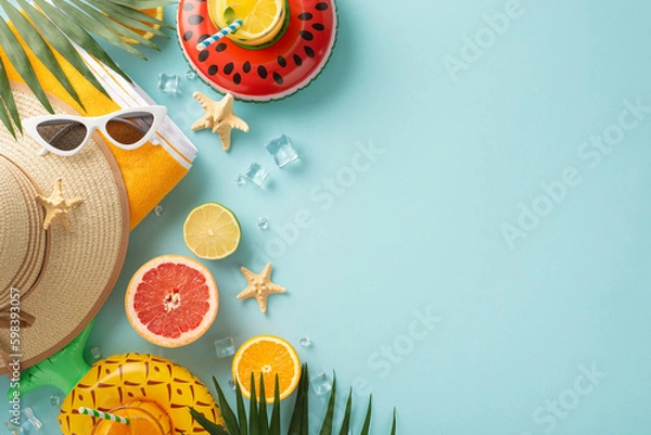Fototapeta Bring on the sunshine and good times with sunglasses, cocktails, towel, hat. Top view flat lay on blue background with copyspace for text or advert