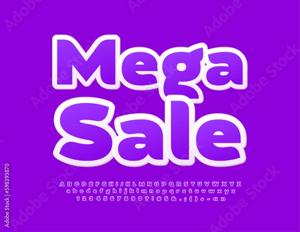 Fototapeta Vector bright promo Mega Sale. Violet sticker Font. Modern Creative Artistic Alphabet Letters and Numbers set