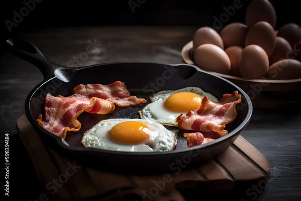 Fototapeta Traditional english breakfast with fried eggs and bacon in cast iron pan on dark wooden background. Top view. AI generated.