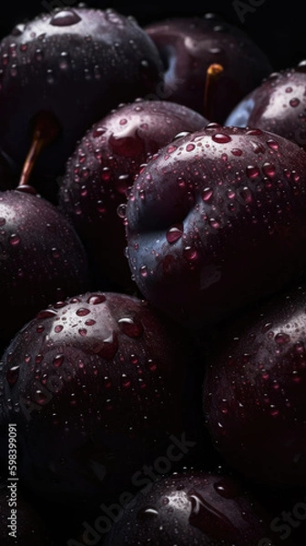 Fototapeta Fresh plums with water drops, close-up shot on black background. Generative AI.	