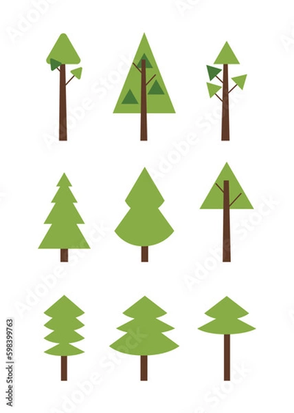 Fototapeta Set of coniferous tree crown with triangles. Trees isolated on white. Flat. Vector