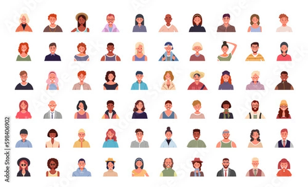 Obraz Set of various people avatars. User portraits. Different human face icons. Male and female characters. Smiling men and women. Flat cartoon style vector illustration