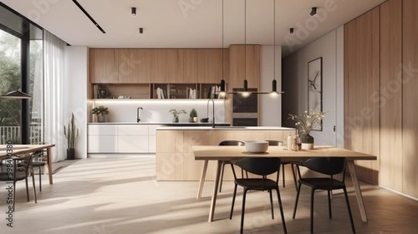 Fototapeta A harmonious blend of wood, metal, and concrete kitchen interior. AI generated