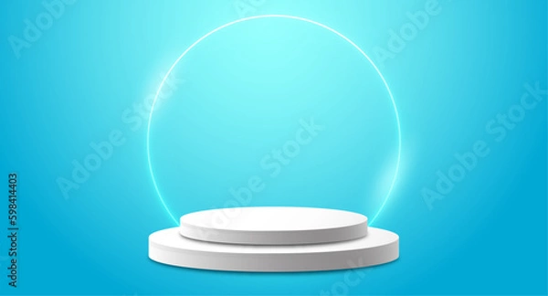 Fototapeta Realistic 3d cylinder pedestal podium. Abstract vector rendering geometric forms, glowing neon cirle, blue background. Pastel minimal scene. Stage for showcase, Product display