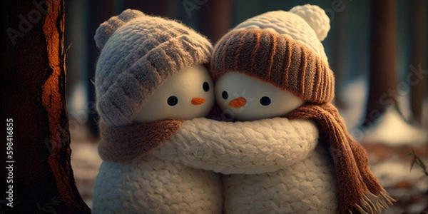 Fototapeta two snowmen hugging each other in a forest. generative ai
