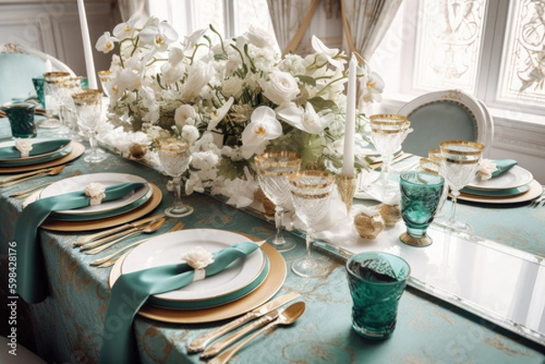 Fototapeta Romantic Wedding Table Decoration in Green and Gold Elegance - Generative AI