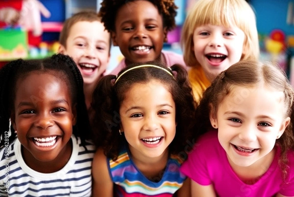 Fototapeta Diverse little friends in kindergarten giggle, their faces beaming with joy. United by innocence and laughter, race is irrelevant in their happy world. Generative AI