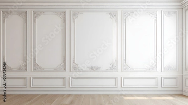 Fototapeta White wall with classic style mouldings and wooden floor, empty room interior, 3d render