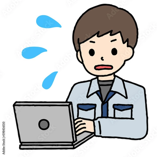 Fototapeta パソコン作業をする作業服の男性が焦っている