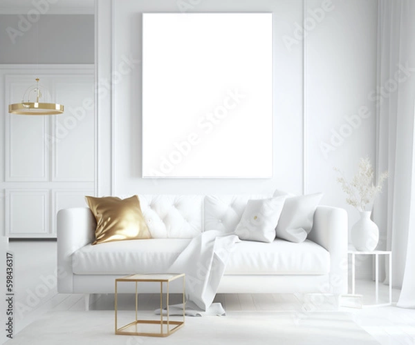 Fototapeta Blank picture frame on a wall for showcasing art in an  elegant all white living room with gold accents mockup