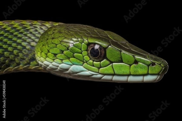 Fototapeta green snake on a black background. Generative AI