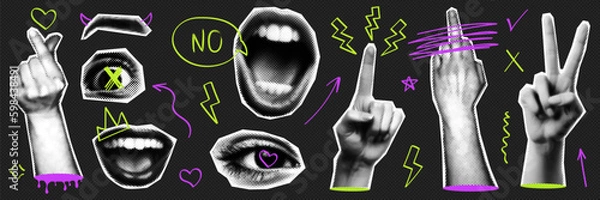 Obraz Trendy punk halftone collage set with retro halftone elements and naive doogle elements. Hand gestures, lips, mouth, eyes.Template for banner, poster, card. Contemporary vector illustration.