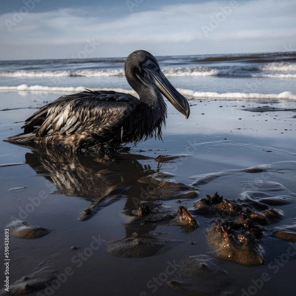 Obraz An oil spill affecting marine life, a pelican covered in oil