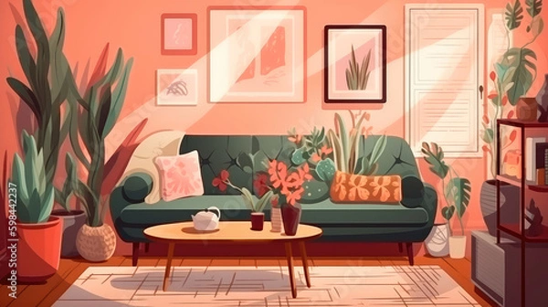 Fototapeta Bright illustration with a sofa, houseplants in pots and picture frames. Generative AI