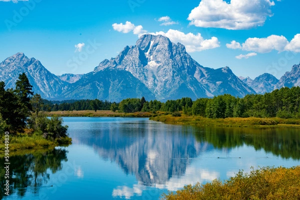 Obraz Mt Moran reflecting in Snake River, Grand Teton National Park, Wyoming, United States.