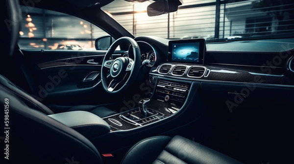 Fototapeta interior of car, modern, touch screen, 2023, 2025, 2030, futuristic, future, black, mate