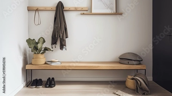 Fototapeta Minimalist entryway with a bench and minimal coat storage, generative ai