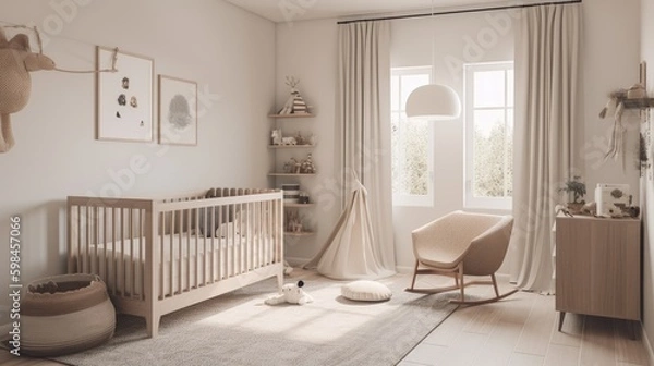 Obraz Minimalist nursery with a simple crib and muted colors, generative ai
