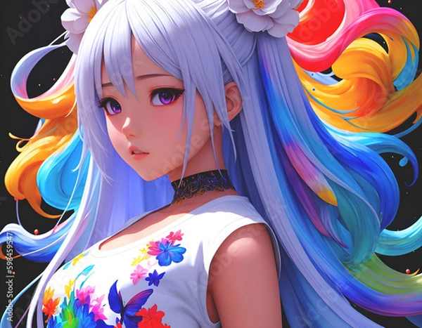 Obraz Anime girl with long hair and a rainbow on her head created using generative AI tools