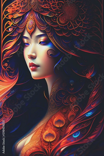 Obraz A poster design of a woman with colorful hair and a blue and orange hair created using AI