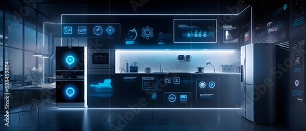 Obraz Showcase the power of the Internet of Things with a visually stunning image of a smart home filled with various connected devices and appliances AI. Generative AI