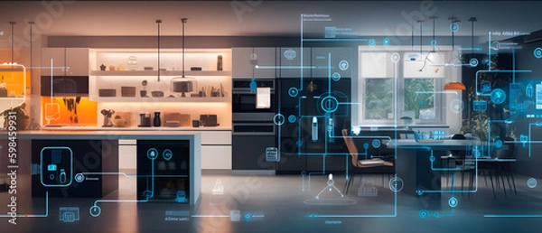 Obraz Showcase the power of the Internet of Things with a visually stunning image of a smart home filled with various connected devices and appliances AI. Generative AI