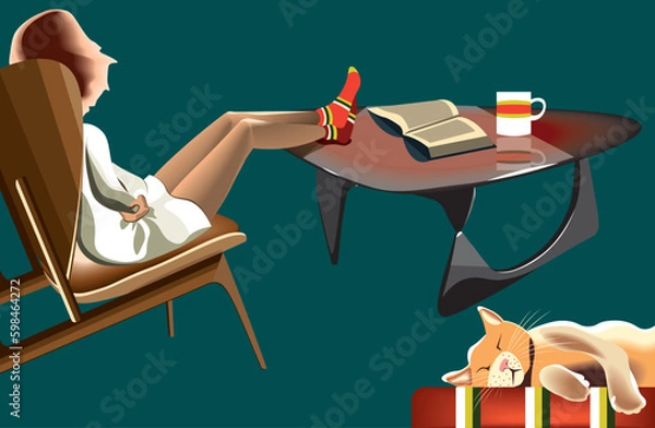 Obraz Young beautiful blond woman in white dress sitting on the modern armchair near the table with an open book and a cup of coffee on it and a red cat sleeping.