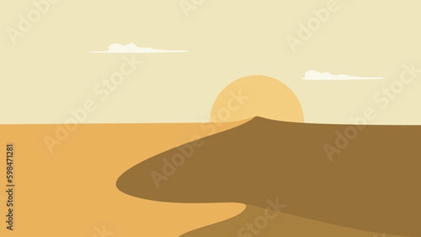 Fototapeta Flat Style Vector Illustration of Desert Landscape with Sun, Sunset, Clouds, and Dramatic Colors