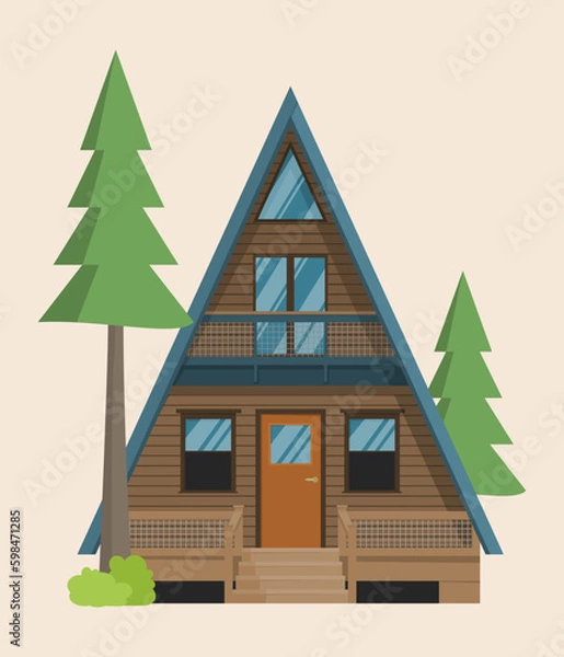 Fototapeta 2D Vector Illustration of a Three-Floor Tiny Rural House in Flat Style amidst Forests and Trees