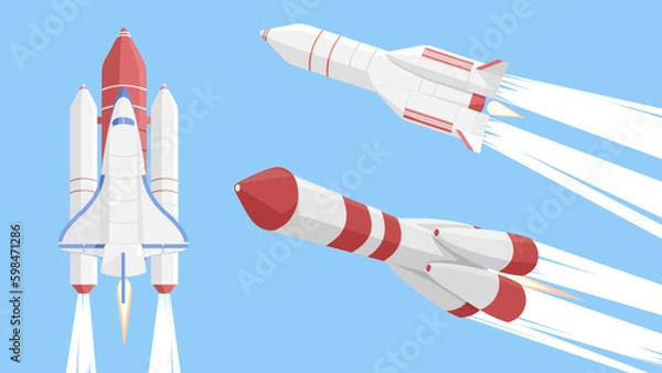 Fototapeta Flat Vector Illustration of Three Rockets Launching into Blue Sky with Red and White Color Scheme