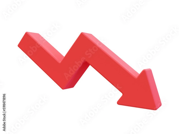 Fototapeta 3d minimal financial down. depreciation concept. a red arrow down. transparent background. 3d illustration.