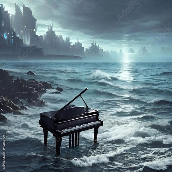 Fototapeta The piano is filled with sea waves on a rocky beach, against the backdrop of an epic city. Landscape with piano, sea and city in the background. Generative, AI, Generative AI