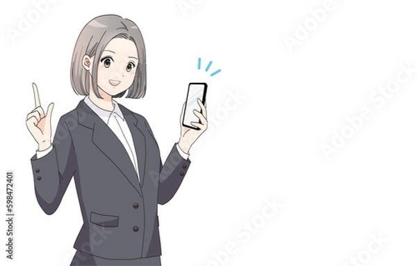 Fototapeta スマホを持って指差ししているスーツの女性のバナーイラスト