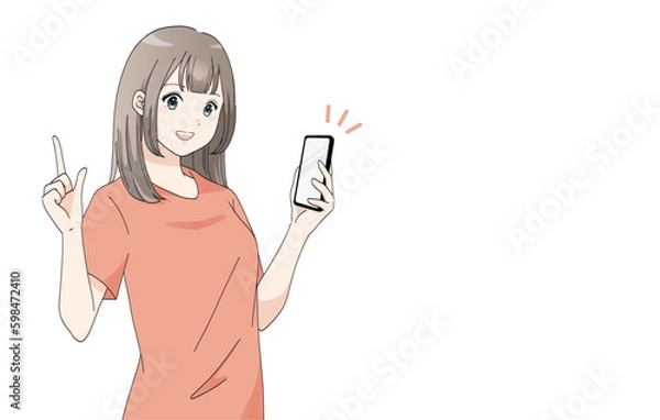Fototapeta スマホを持って指差ししている若い女性のバナーイラスト