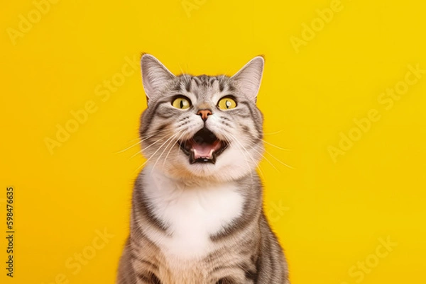 Fototapeta Portrait of a happy and excited cat with yellow eyes on isolated yellow background