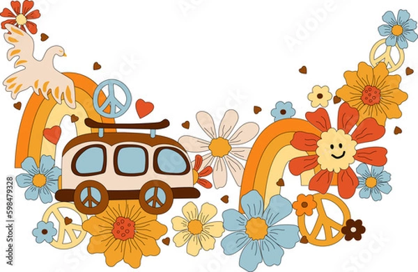 Fototapeta Border with daisy flowers, retro car and rainbow. Groovy vibes. Vector illustration isolated on background. Flat style design element for poster, banner, party invitation.